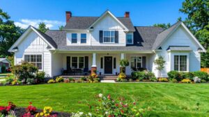 Beautiful blue-gray craftsman home with white trim, a welcoming front porch, and manicured green grass.