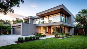 Modern luxury house with dark accents, vertical wood paneling, and lit windows at dusk.