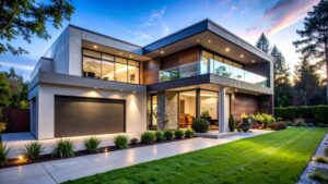 High-end contemporary house with a dark metal frame exterior, massive glass windows, and a built-in garage at twilight.