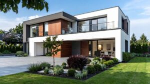 Two-story contemporary minimalist home featuring flat roofs, white walls, and glass railing balconies.