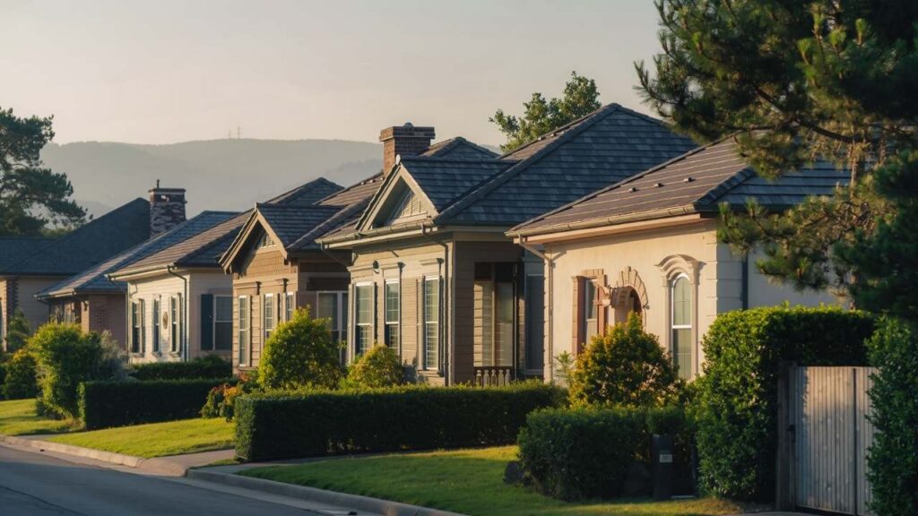 Large executive brick and stone house featuring a beautiful multi-gabled roofline and manicured hedges.