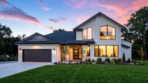Contemporary two-story house with dark siding and large floor-to-ceiling windows at sunset.