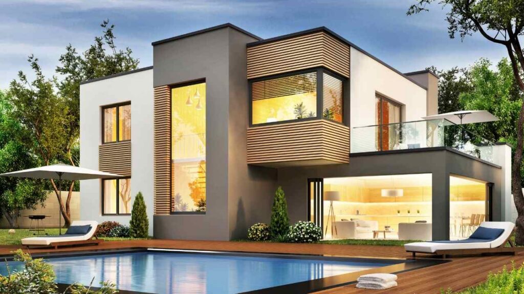 Sleek modern two-story residence with dark grey vertical siding and natural wood accents.