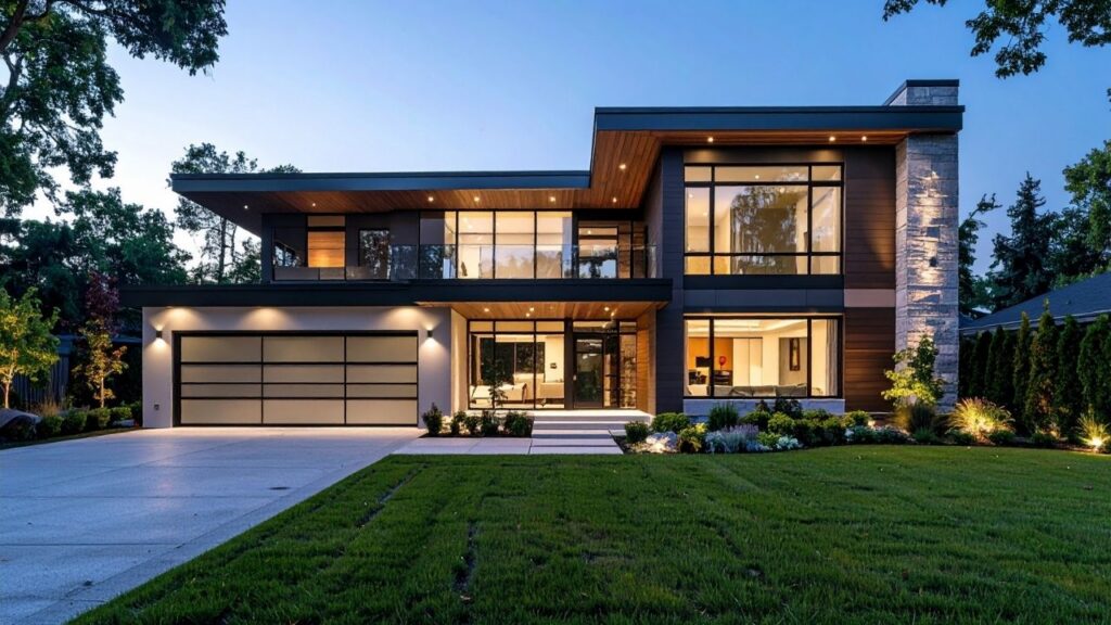 Contemporary two-story luxury home at twilight with warm interior lighting reflecting through large windows.